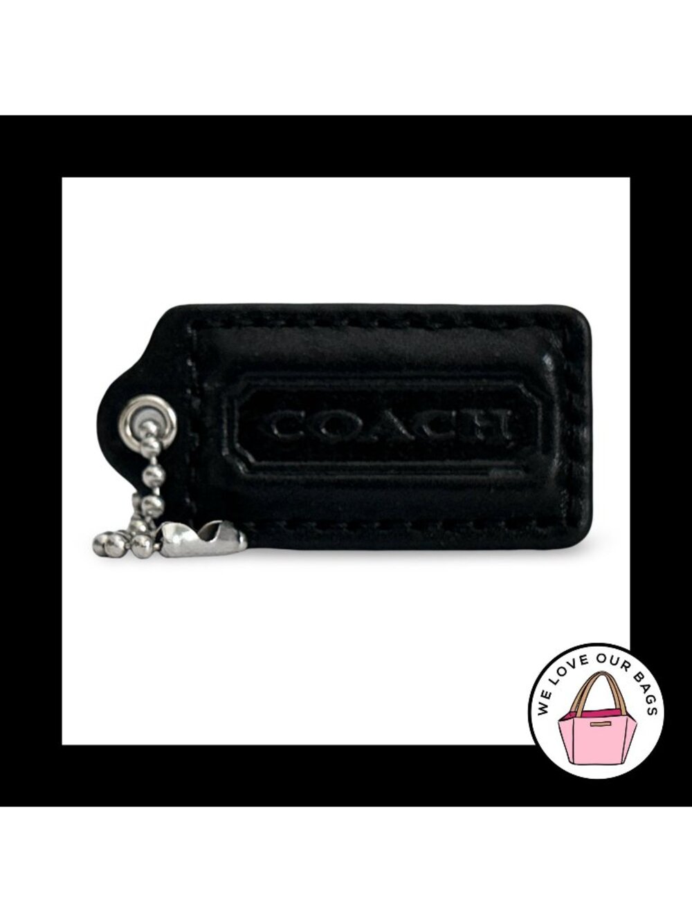 COACH HANG TAG 2" Black Smooth Leather Bag Charm Keychain Fob Nickel Medium